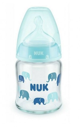 Nuk First Choice+ Μπιμπερο Γυαλ. Latex 0-6m Μπλε Ελεφαντες Με Δείκτη Ελέγχου Θερμοκρασίας (10.747.118) 120ml