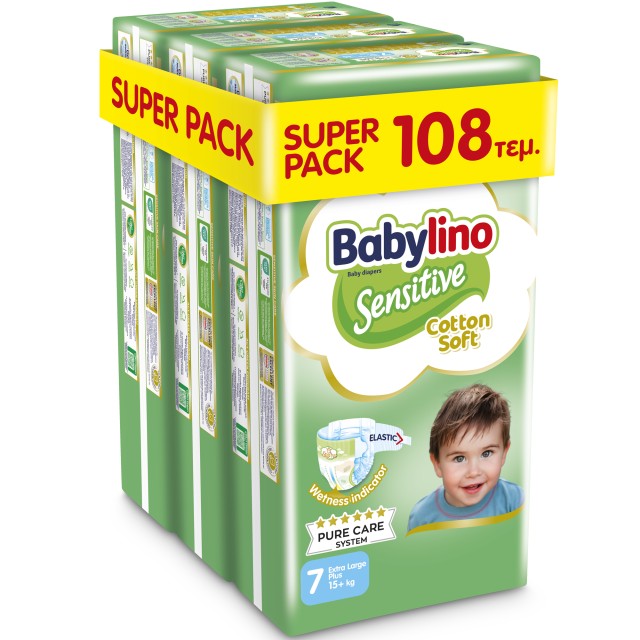 Βρεφική πάνα Babylino Sensitive Cotton Soft No7 15+ Kg SUPER PACK 108 τμχ