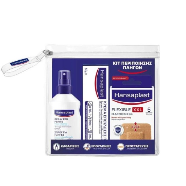 Hansaplast Kit Περιποίησης Πληγών με Σπρέι για Πληγές, 100ml, Κρέμα Επούλωσης Πληγών, 50gr & Flexible Elastic Strips XXL, 5τμχ