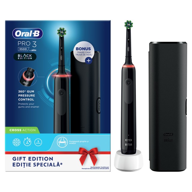 Oral-B Cross Action Pro 3 3500 Black Edition Ηλεκτρική Οδοντόβουρτσα με Αισθητήρα Πίεσης 360° & Δώρο Θήκη Ταξιδιού