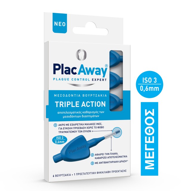 Plac Away Triple Action Μεσοδόντια Βουρτσάκια 0.6mm ISO 3, Μπλε, 6τεμ