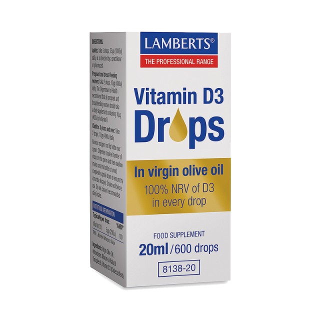 Lamberts Vitamin D3 Drops Συμπλήρωμα Διατροφής Βιταμίνης D3 20ml/600 σταγόνες