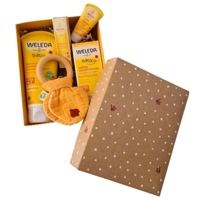 Weleda Calendula Gift Baby Set Κρέμα Αλλαγής Πάνας 75+10ml, Σαμπουάν & Αφρόλουτρο 200+20ml, & Οικολογικό Μασητικό