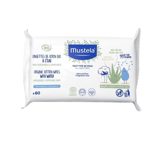 Mustela Organic Cotton Wipes With Water Μωρομάντηλα Kαθαρισμού Με Βιολογικό Βάμβακι Και Νερό 60s