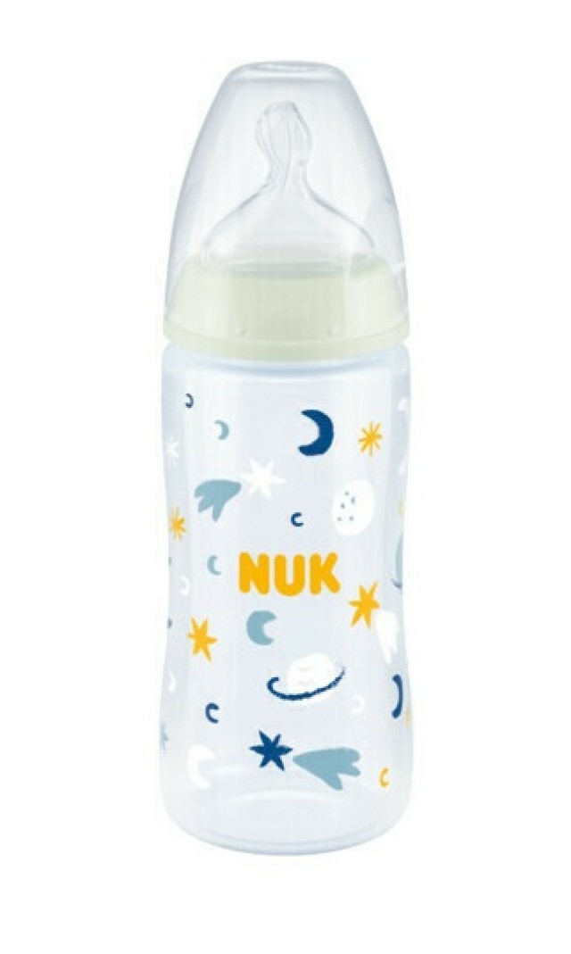 Nuk First Choice+ Μπιμπερό  Night Pp Με Θηλή Σιλικόνης 6-18m Μεσαίας Ροής & Ένδειξη Θερμοκρασίας Ζαχαρι Αστερια Πλανητες 300ml (10.741.142)