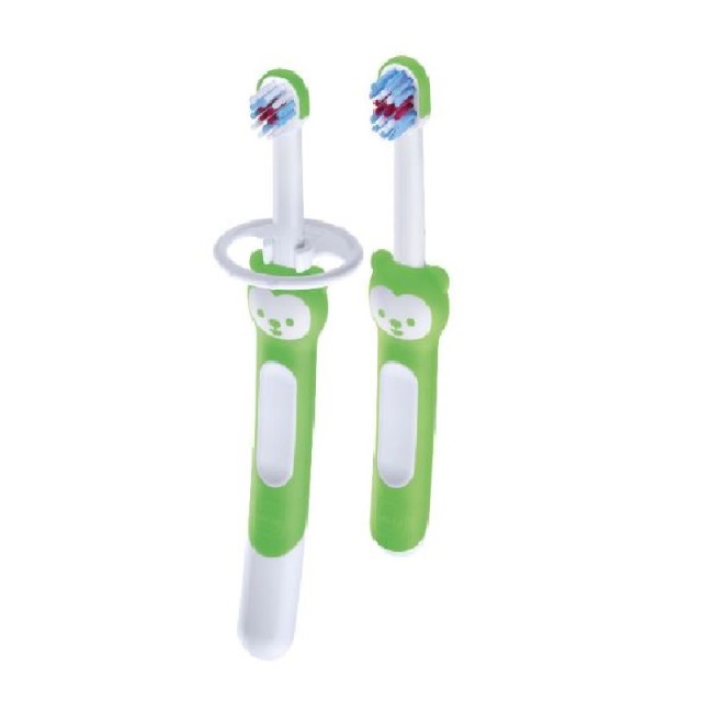 Mam Learn to Brush Set Εκπαιδευτική & Βρεφική Οδοντόβουρτσα με Λαβή Αρκουδάκι Πράσινη +5μηνών  2τμχ (608)