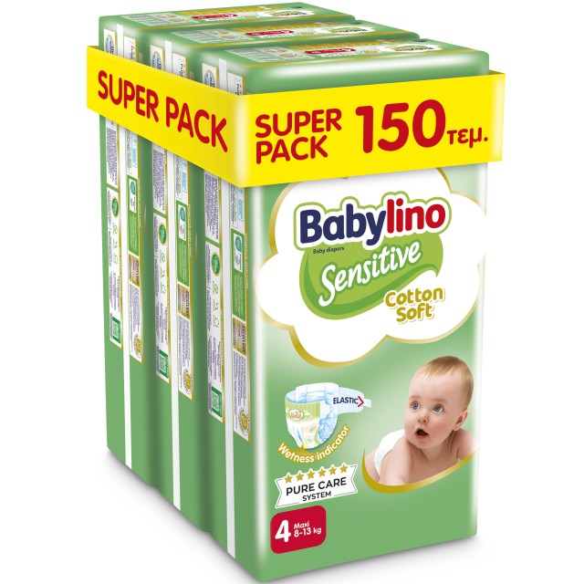 Βρεφική πάνα Babylino Sensitive Cotton Soft No4 8-13 Kg SUPER PACK 150 τμχ