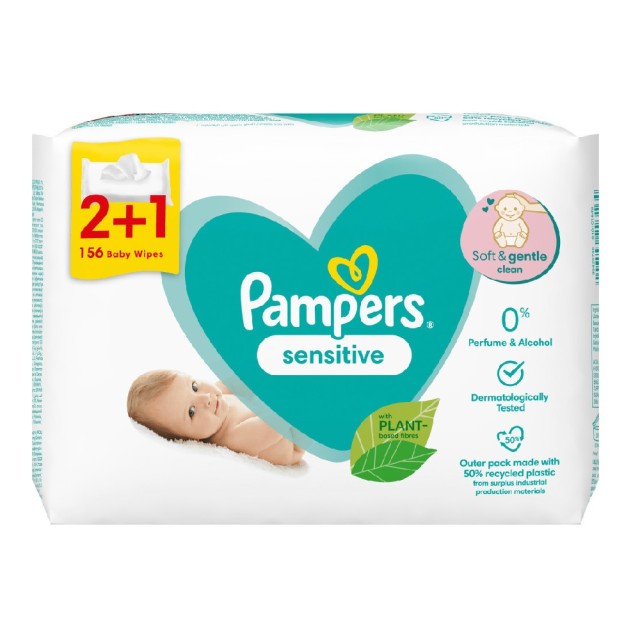 Pampers Sensitive Μωρομάντηλα χωρίς Parabens 3x52τμχ