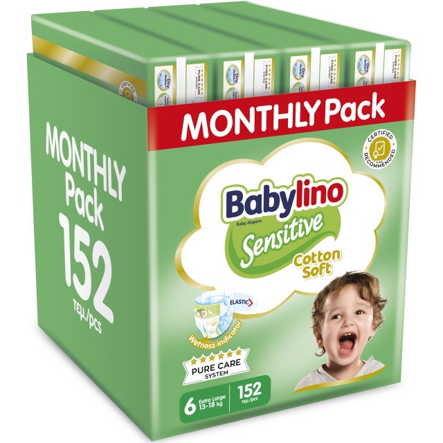 Βρεφική πάνα Babylino Sensitive Cotton Soft No6 13-18 Kg Monthly Pack 152 τεμ.