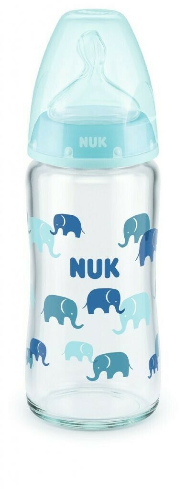 Nuk First Choice + Μπιμπερο Γυαλινο θηλη Σιλικονης 0-6m(Medium) Μπλε Ελεφαντες (10.745.124) 240ml