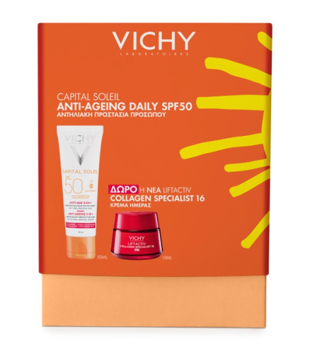 Vichy Promo Pack Capital Soleil Anti-Ageing 3 σε 1 Αντηλιακή Κρέμα Προσώπου SPF50 50ml & ΔΩΡΟ Liftactiv Collagen 16 Κρέμα Ημέρας 15ml