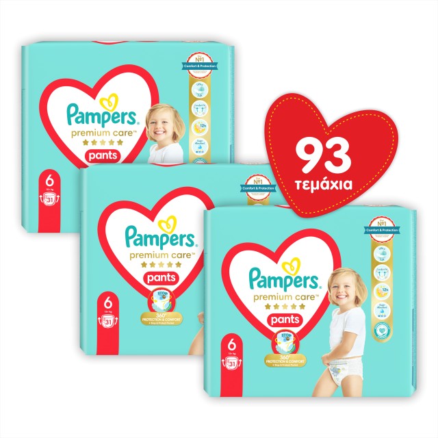 Pampers Πακέτο x3 JUMBO Premium Care Pants Πάνα - Βρακάκι Μέγεθος 6 (15+ κιλά) 93 πάνες (3x31)