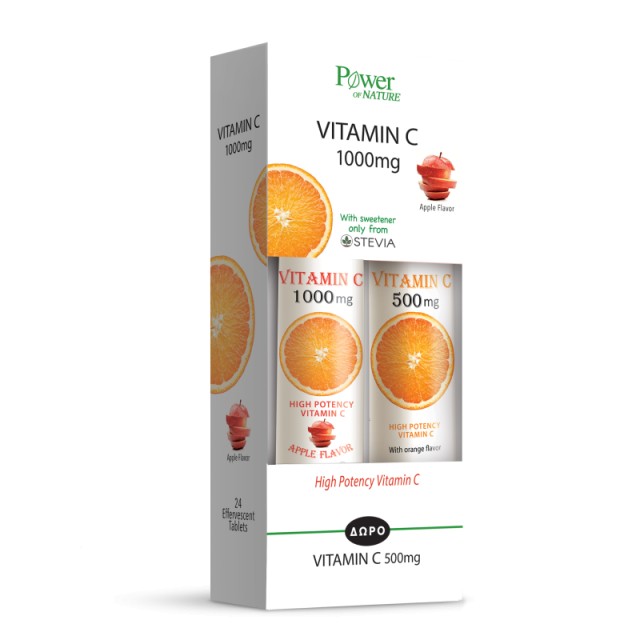 Power Of Nature Vitamin C 1000mg με Στέβια & Γεύση Μήλο 24 Αναβράζοντα Δισκία & Δώρο Vitamin C 500mg 20 Αναβράζοντα Δισκία