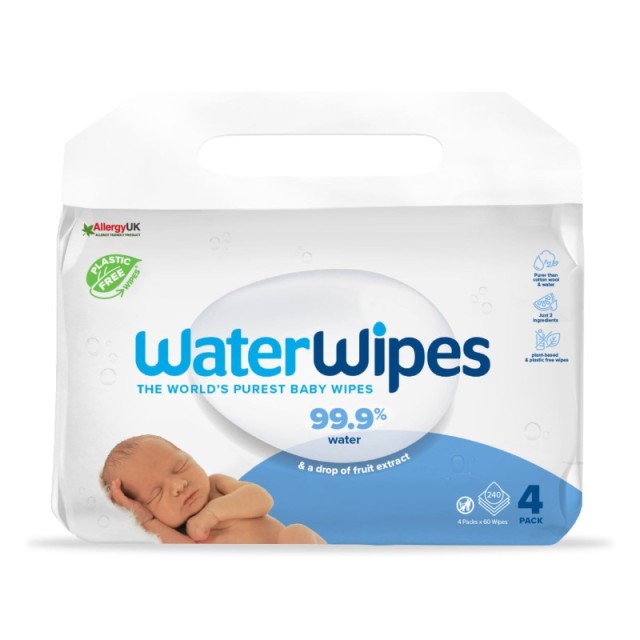 WaterWipes Άοσμα Μωρομάντηλα με 99.9% Νερό για Ηλικίες 0+  240 Μαντηλάκια (4πακ/60τμχ)