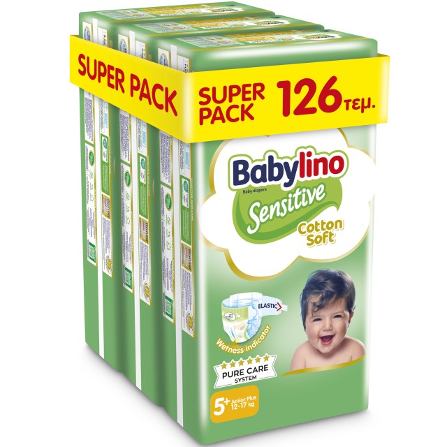 Βρεφική πάνα Babylino Sensitive Cotton Soft No5+ 12-17 Kg SUPER PACK 126 τμχ