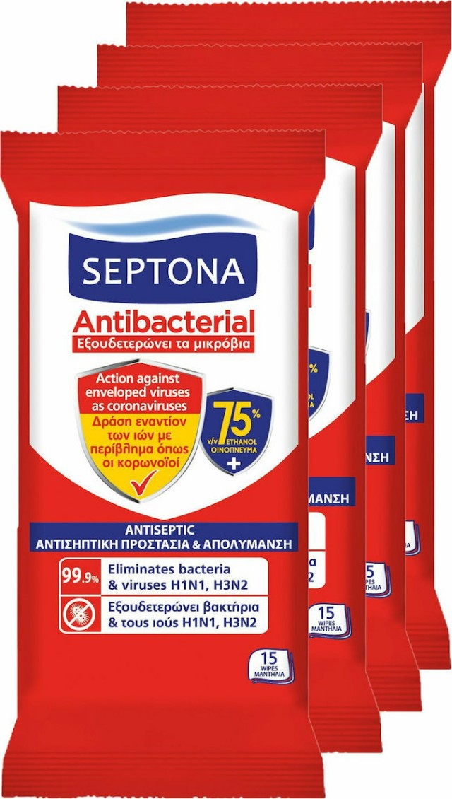 Septona Antibacterial Υγρά Μαντηλάκια 75% 4 x 15τμχ