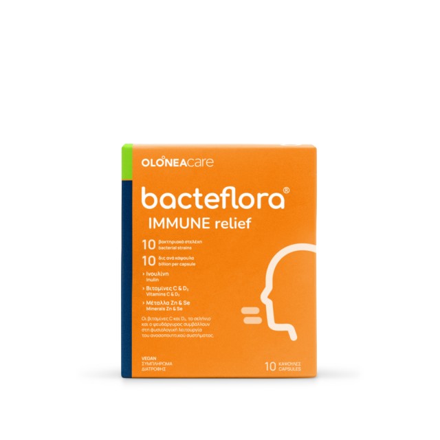 Olonea Bacteflora Immune Relief για την Άμυνα του Οργανισμού με Προβιοτικά, Πρεβιοτικά, Βιταμίνες D₃ & C, Σελήνιο και Ψευδάργυρο 10 φυτικές κάψουλες