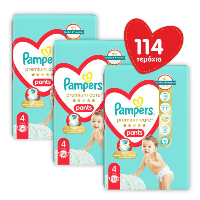 Pampers Πακέτο x3 JUMBO Premium Care Pants Πάνα - Βρακάκι Μέγεθος 4 (9-15 κιλά) 114 πάνες (3x38)