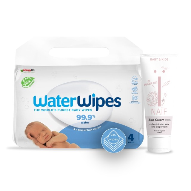 WaterWipes Promo Pack Μωρομάντηλα 4x60τεμ & Naif Κρέμα Αλλαγής Πάνας χωρίς Άρωμα για Βρέφη & Παιδιά 75ml