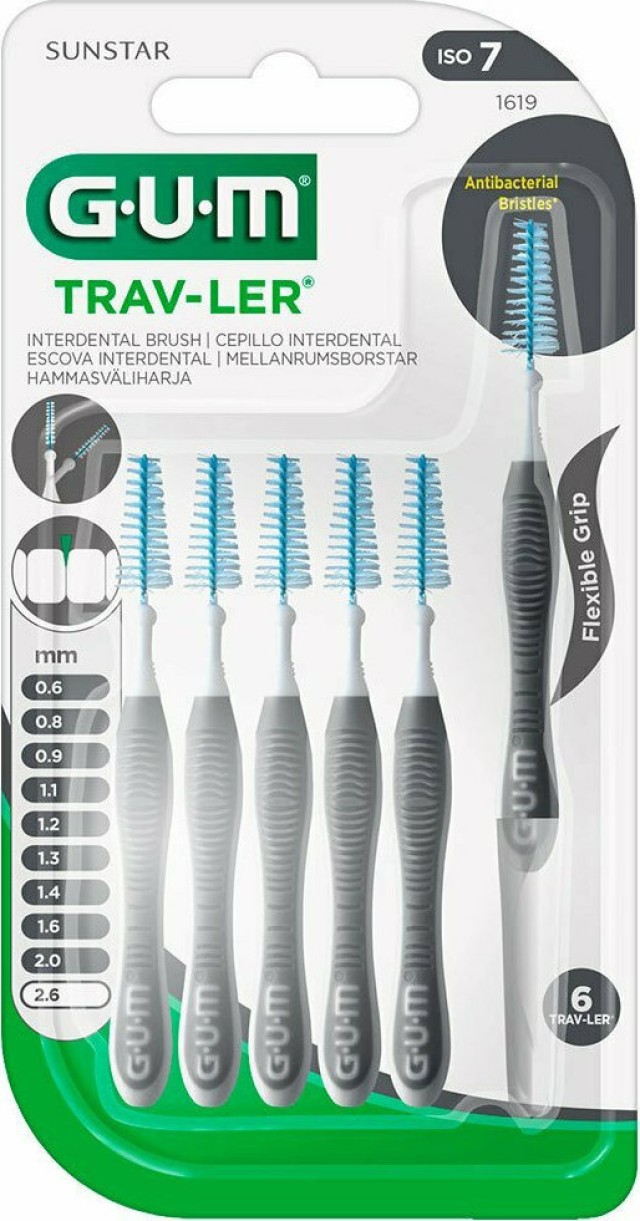 GUM 1619 Trav-ler Interdental Brush - Μεσοδόντιο Βουρτσάκι 2.6mm Γκρι 6 τμχ