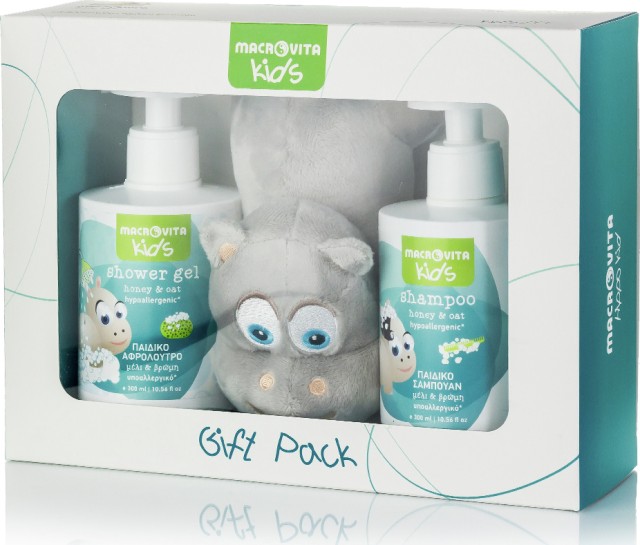 Macrovita Gift Pack Kids Παιδικό Aφρόλουτρο 300ml, Παιδικό Σαμπουάν 300ml & Δώρο Hippo Λούτρινο 1 τμχ