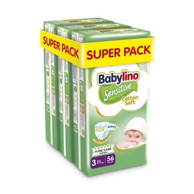 Βρεφική πάνα Babylino Sensitive Cotton Soft No3 4-9 Kg SUPER PACK 168 τμχ (3X56)