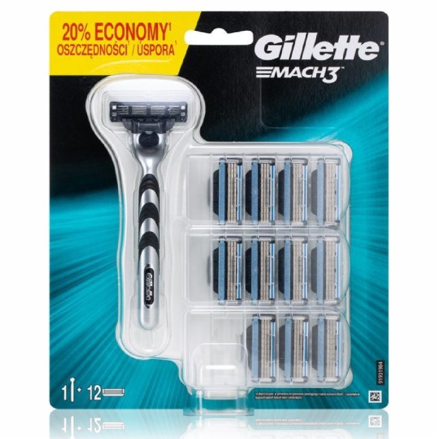 Gillette Mach3 Ξυραφάκι με Ανταλλακτικές Κεφαλές 3 Λεπίδων & Λιπαντική Ταινία 12τμχ