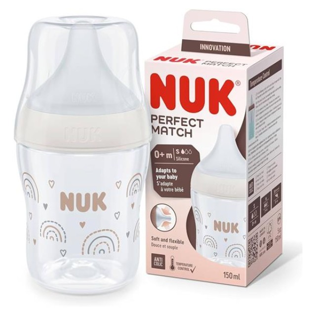 Nuk Perfect Match Μπιμπερό Πλαστικό 0m+ με Δείκτη Ελέγχου Θερμοκρασίας Mικρής Οπής Ουράνιο Τόξο, 150ml