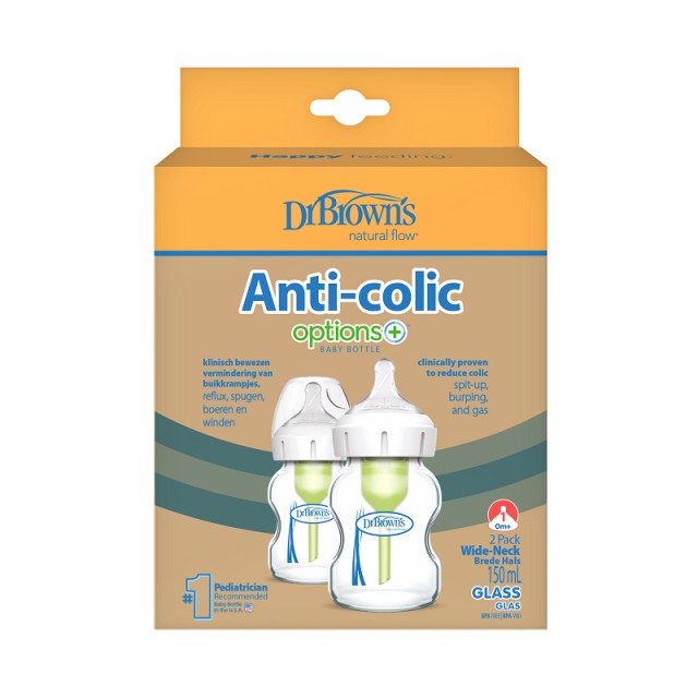 Dr Browns Options+ Anti-Colic Μπιμπερό Γυάλινο με Φαρδύ Λαιμό 2x150ml (WB52730)