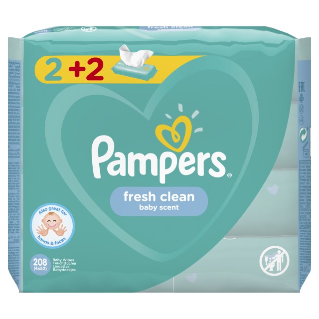 Pampers Μωρομάντηλα Fresh 2+2 Δώρο 208τμχ (4x52τμχ)