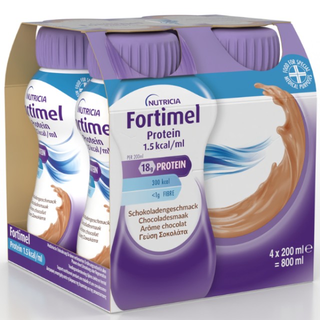 Nutricia Fortimel Protein 1.5 kcal Σοκολάτα Θρεπτικό Συμπλήρωμα Διατροφής σε Υγρή Μορφή Υψηλής Περιεκτικότητας σε Πρωτεϊνη, 4 x 200ml