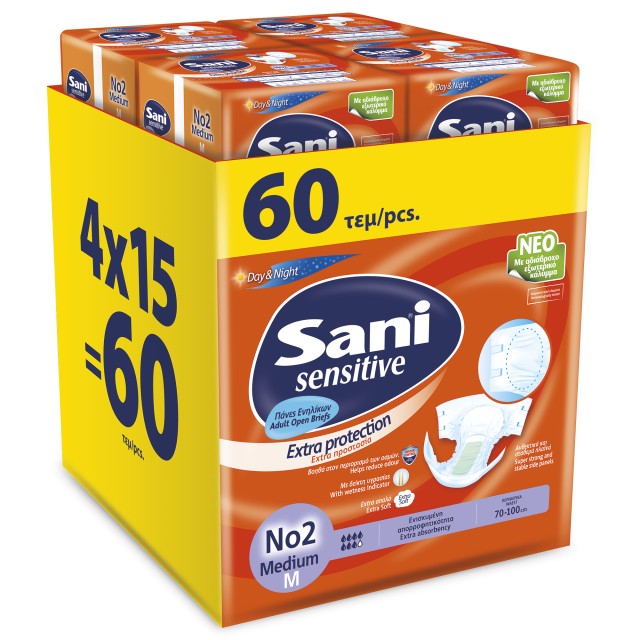 Sani Ανοιχτή πάνα ακράτειας Sani Sensitive Medium No2 Mega Pack 60τεμ Value Pack (4x15τμχ)