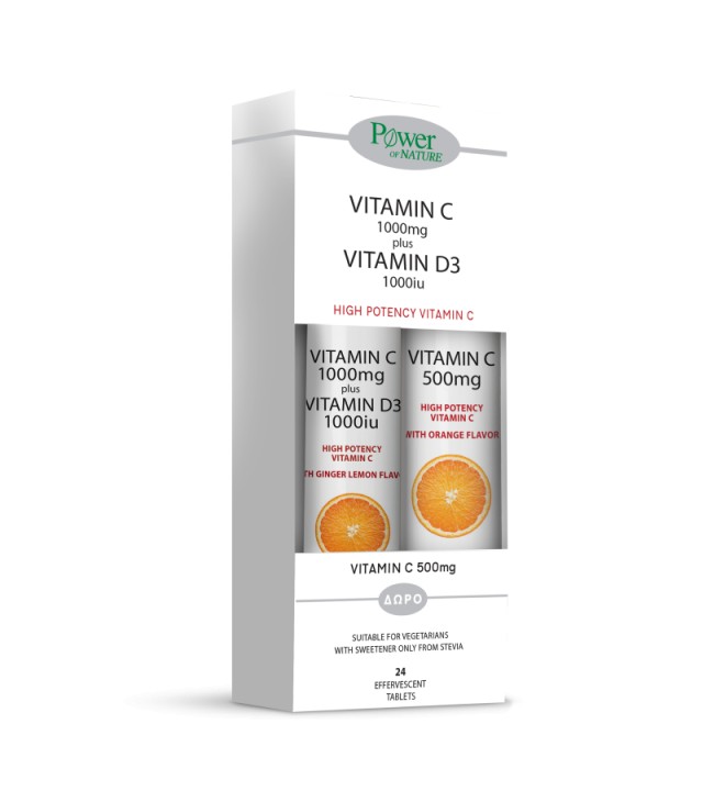 Power Of Nature Vitamin C 1000mg & D3 1000iu Stevia 24 αναβράζοντα δισκία & Vitamin C 500mg 20 αναβράζοντα δισκία