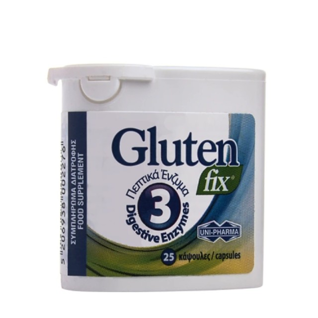 Uni-Pharma Gluten Fix, Συμπλήρωμα διατροφής που υποστηρίζει τη διαδικασία της πέψης με 3 Πεπτικά ένζυμα 25 κάψουλες