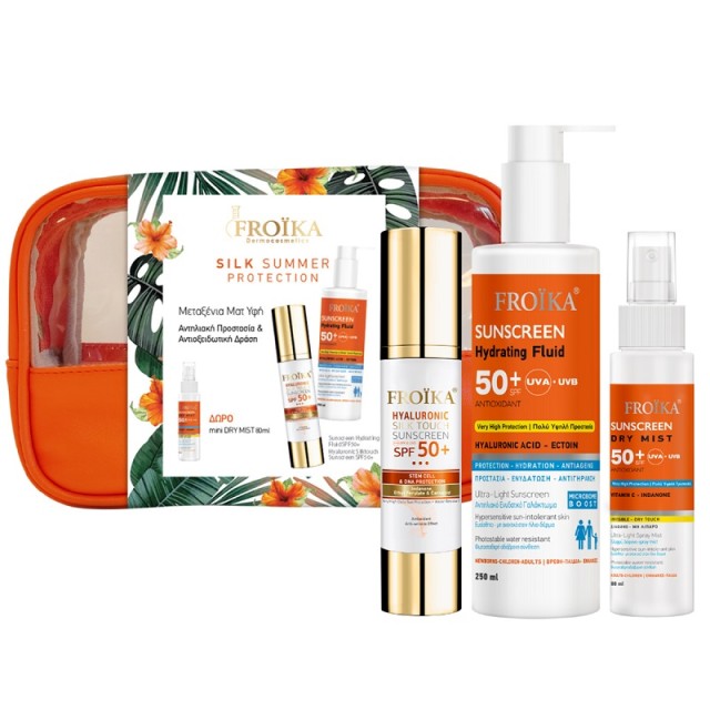 Froika Promo Pack Silk Summer Protection Αντηλιακό Προσώπου Hyaluronic Silk Touch SPF50+ 50ml, Αντηλιακό Γαλάκτωμα Σώματος Hydrating Fluid SPF 50+ 250ml& Δώρο Αντηλιακό Mist 80ml & Νεσεσέρ Παραλίας