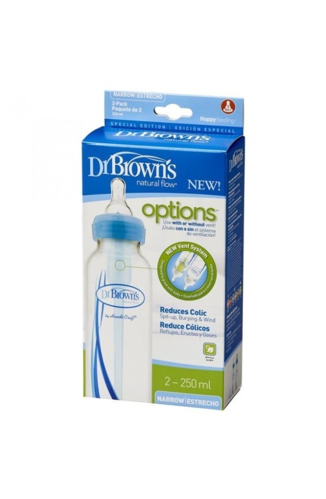 Dr. Browns Μπιμπερό 250ml Πλαστικά Μπλε Στενός Λαιμός Θηλή Σιλικόνης, 2 Τμχ (SB-82405)