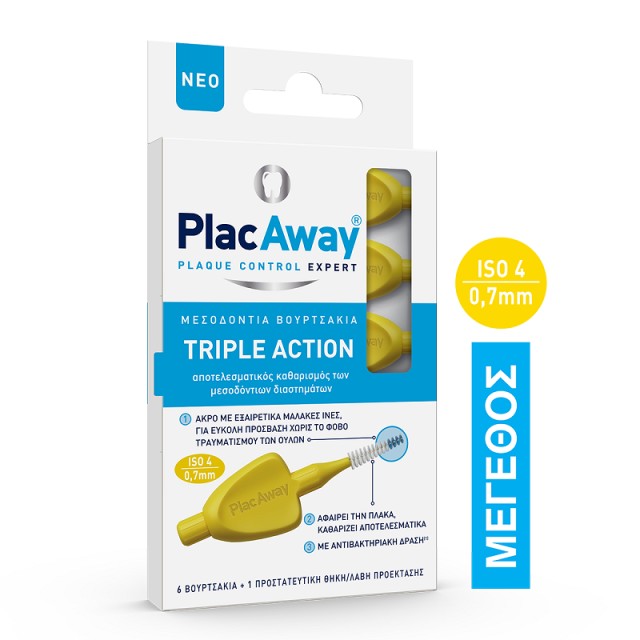 Plac Away Triple Action Μεσοδόντια Βουρτσάκια 0.7mm ISO 4, Κίτρινα, 6τεμ