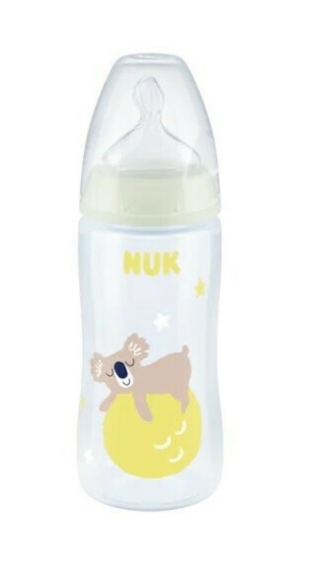 Nuk First Choice+ Night Μπιμπερό PP Σιλικόνης Μεσαίας Ροής Που Λάμπει Στο Σκοτάδι Με Έλεγχο Θερμοκρασίας Κοαλα Φεγγαρι 6-18m 300ml (10.741.142)