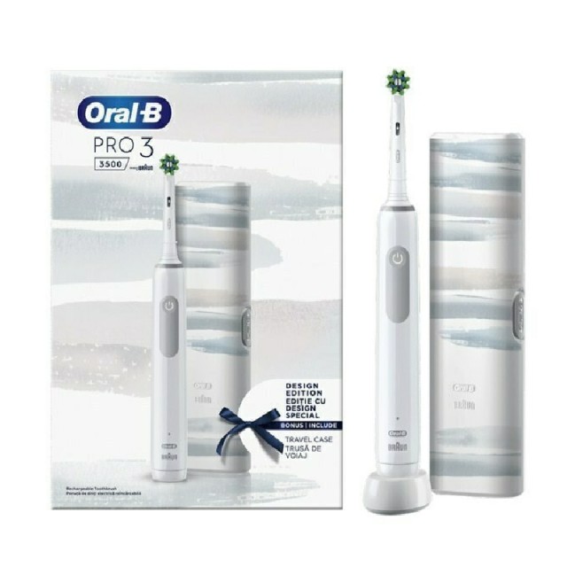 Oral-B Pro 3 3500 White Design Edition Επαναφορτιζόμενη Ηλεκτρική Οδοντόβουρτσα Λευκή με Θήκη Ταξιδίου, 1τεμ