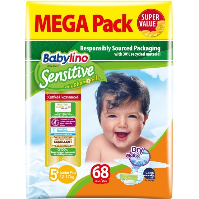 Βρεφική πάνα Babylino Sensitive No5+ 12-17 Kg Mega Pack (68τμχ)