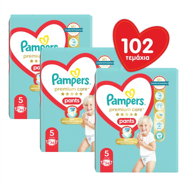 Pampers Πακέτο x3 JUMBO Premium Care Pants Πάνα - Βρακάκι Μέγεθος 5 (12-17κιλά) 102 πάνες (3x34)