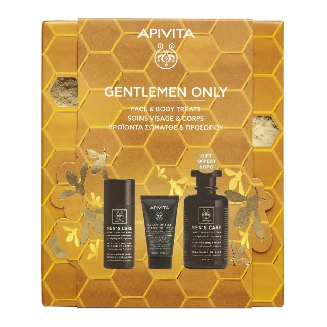 Apivita Promo Pack Gentlemen Only Mens Care Κρέμα Προσώπου και Ματιών 50ml,  Μαύρο Gel Καθαρισμού για Πρόσωπο & Μάτια 50ml & Δώρο Σαμπουάν – Αφρόλουτρο 250ml