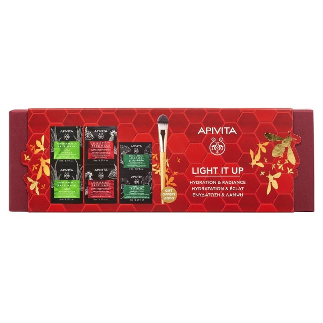 Apivita Xmas Promo Pack Light It Up Express Μάσκα Αλόη 2x8ml, Μάσκα Ρόδι 2x8ml, Μάσκα Ματιών Ginkgo Biloba 2x2ml & Πινέλο Εφαρμογής Μάσκας 1τεμ