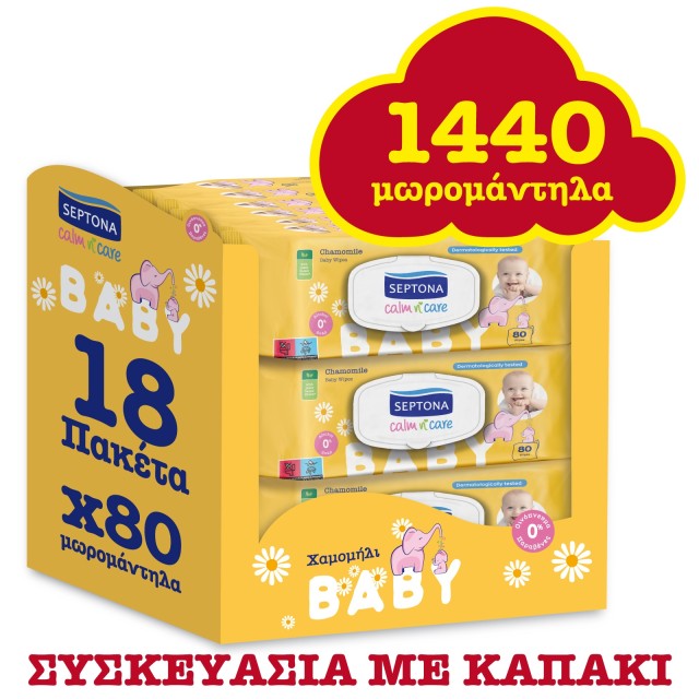 Septona Calm N Care Monthlypack Μωρομάντηλα με Χαμομήλι με καπάκι , (80x18) 1440τμχ (κωδ. 1504)