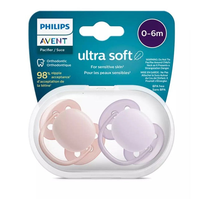 Avent Ultra Soft Ορθοδοντική Πιπίλα 0-6m Σιλικόνης Ροζ - Μωβ 2 τεμάχια (SCF091/31)