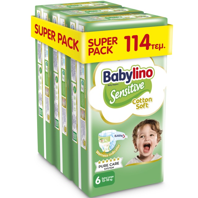 Βρεφική πάνα Babylino Sensitive Cotton Soft No6 13-18 Kg SUPER PACK 114 τμχ