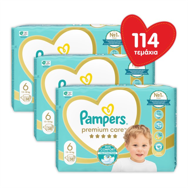 Pampers Πακέτο x3 JUMBO Premium Care Πάνα Μέγεθος 6 (13-18 κιλά) 114 πάνες (3x38)