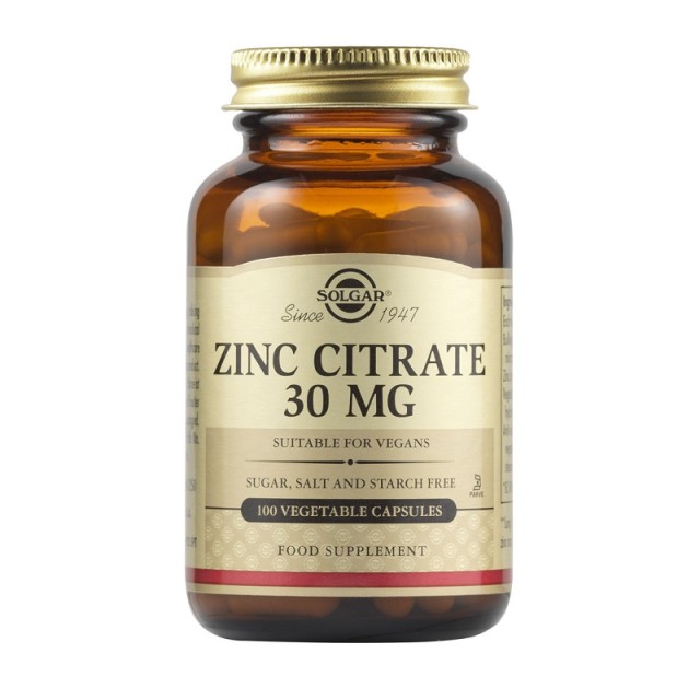 Solgar Zinc Citrate 30mg Συμπλήρωμα Διατροφής Κιτρικού Ψευδαργύρου 100caps