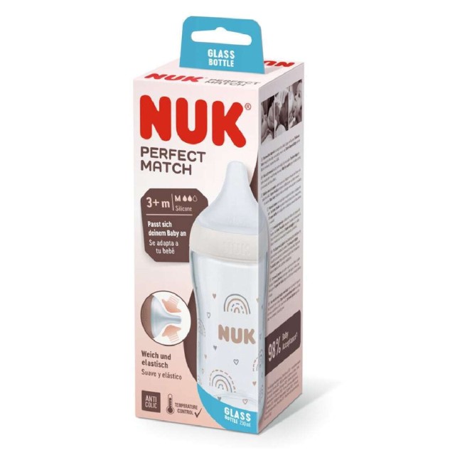 Nuk Perfect Match Μπιμπερό Γυάλινο με Μαλακή Θηλή Σιλικόνης κατά των Κολικών με Έλεγχο Θερμοκρασίας 3m+, 230ml