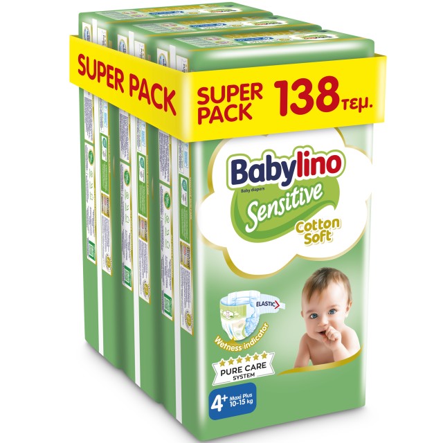 Βρεφική πάνα Babylino Sensitive Cotton Soft No4+ 10-15 Kg SUPER PACK 138 τμχ